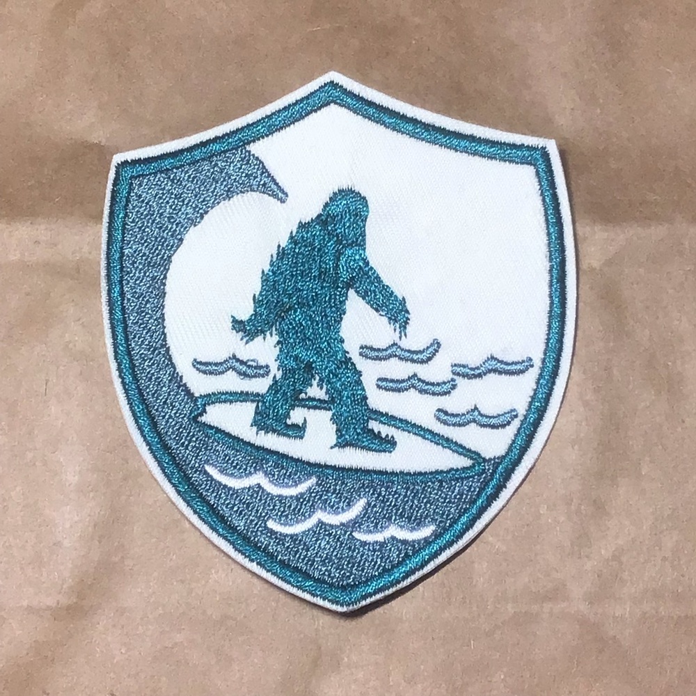 3.75” SURFING BIGFOOT surfer iron on patch badge shield